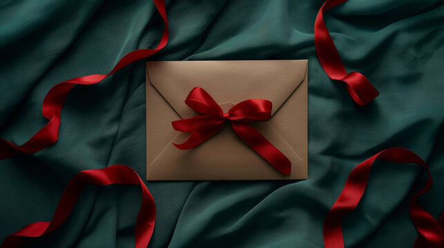 A single brown envelope tied with a bright red ribbon and bow rests on a textured dark green silk background
