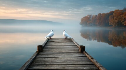 Obraz premium Serene lake scene with two birds on wooden dock at misty autumn sunrise