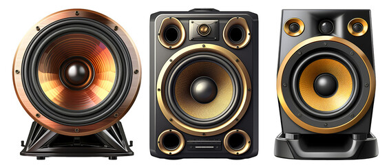 High quality audio speakers set with subwoofers and tweeters isolated on white
