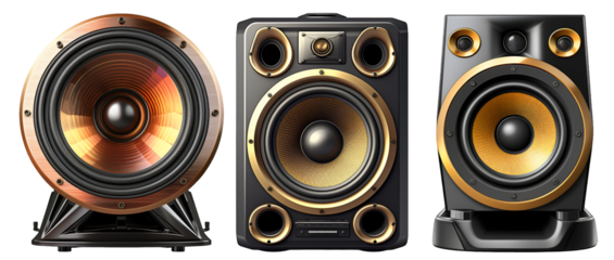 High quality audio speakers set with subwoofers and tweeters isolated on white
