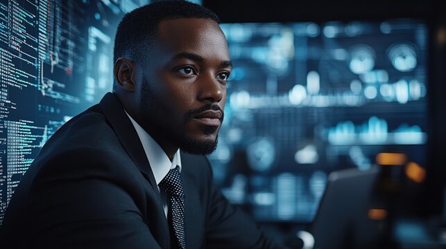 Focused Black Businessman Analyzing Data on Computer in Modern Office Context - Powered by Adobe