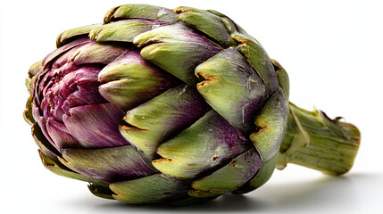 Fresh artichoke with layered green and purple bracts on white background closeup