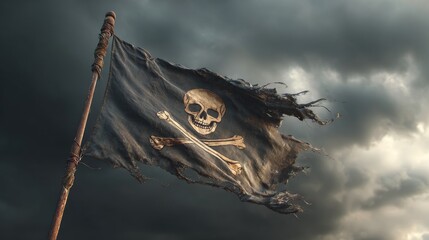 Tattered pirate flag with skull and crossbones against stormy sky