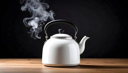 White Kettle Steaming on Wooden Table Against Dark Background