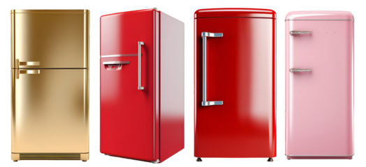 Set of colorful retro style refrigerators in red pink and gold, isolated on transparent background