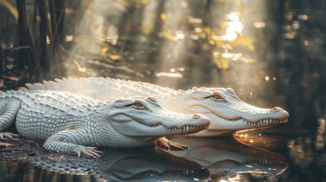 A pair of albino alligators resting along the edge of a quiet swamp