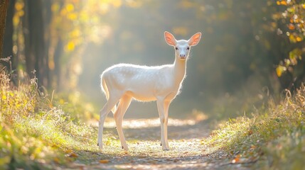 A rare albino deer standing elegantly on a misty forest path