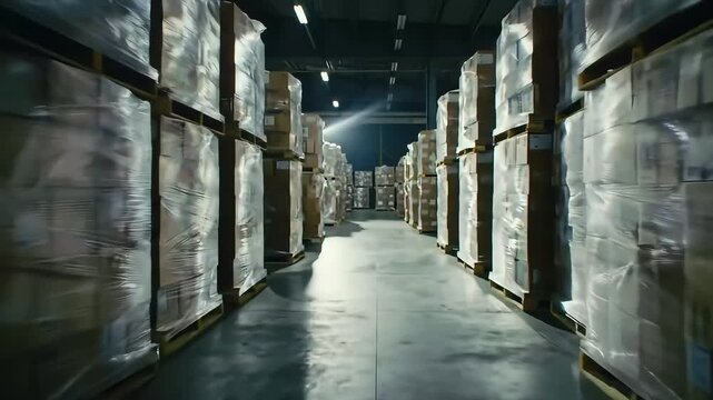 Warehouse aisle, palletized goods, shrink-wrapped boxes, industrial building, logistics
