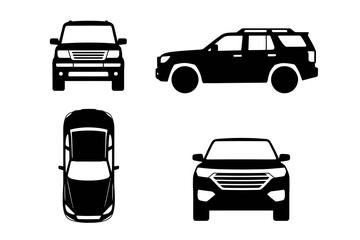 Silhouette Illustration of Four Different Views of a Vehicle - Front, Side, Top, and Angled Front