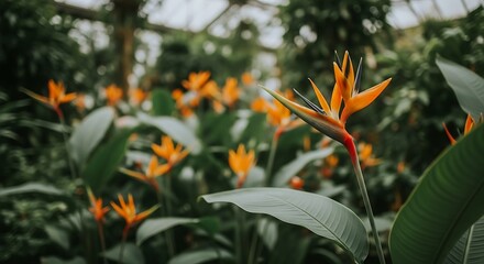 Bird of paradise flowers bloom amidst lush green foliage in a greenhouse, showcasing vibrant orange petals.