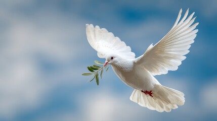 White dove with olive branch in flight against clear blue sky