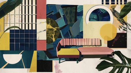 Abstract modern furniture mid-century collage interior scene with geometric shapes and textured background with paint splashes