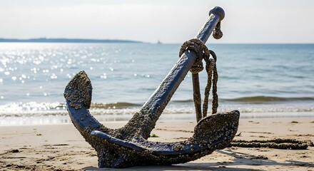 Rusty anchor resting on a sandy beach, with the ocean and distant ship in the background.