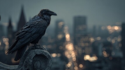 Majestic raven perched on urban ledge overlooking cityscape at dusk