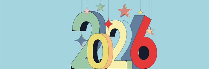 New Year 2026 number text Blue banner, background, poster, card, design. Simple Template Happy New Year cover, labels isolated on colorful wallpaper.