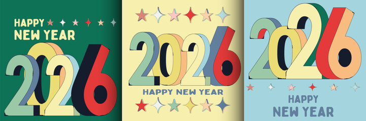 2026 Happy New Year square logo text design. Collection Set design template of 2026 Happy New Year card, cover, poster, labels isolated on colorful background.