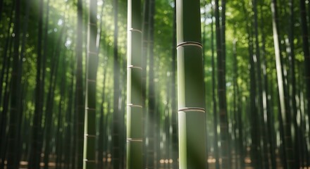 Sunbeams illuminate a dense bamboo forest, creating a serene and mystical atmosphere.