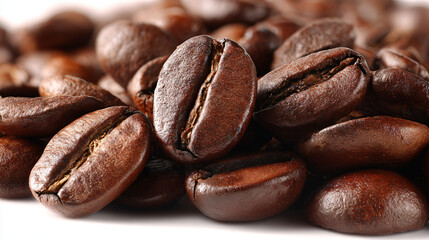 Obraz premium Extreme macro close-up of glossy roasted coffee beans highlighting rich textures and surface details
