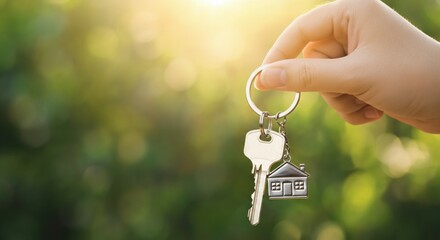 New Home Key Handover &ndash; Real Estate Ownership Concept with House Keychain.