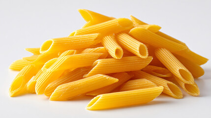 Pile of uncooked golden-yellow penne pasta arranged on a clean white surface with fine ridges visible and bright, even lighting emphasizing the fresh, simple qualities of classic Italian pasta.