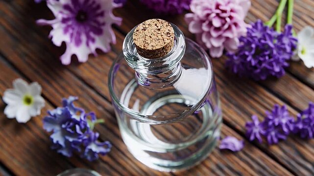 Glass vials of aromatic perfume surrounded by fresh garden flowers in a flat lay composition offer a visually charming glimpse into fragrance crafting presented in gentle 4K top down footage