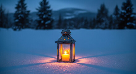 A glowing lantern sits on a snowcovered field at night, casting a warm light in the cold winter landscape