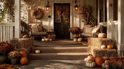 Cozy autumn farmhouse porch decor with pumpkins and hay bales