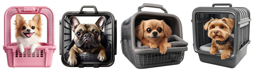 Set of cute dogs in pet carriers isolated on white background,
