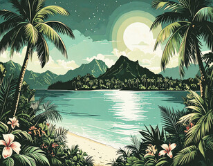 Hawaii vintage, drawn, retro landscape illustration beach palm ocean island palm flowers paradise water