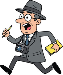 Cartoon journalist character with pencil, notepad, camera, fedora hat, gray suit, blue tie, running pose, media reporter illustration