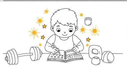 Illustrated Boy Tracking Fitness Progress in a Journal, Surrounded by Exercise Equipment and Energetic Stars.