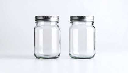 Two Empty Glass Jars with Silver Lids on White Background