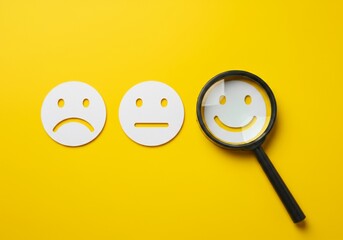 Customer Experience Feedback Emotions Concept on Yellow Background.