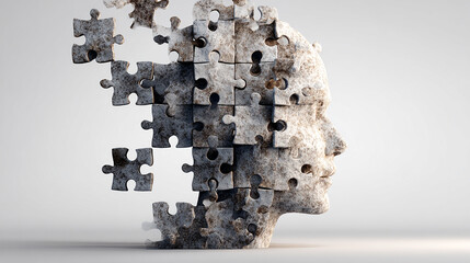 Ai generated image of a stone puzzle forming a human head, symbolizing fragmented thoughts and memory loss