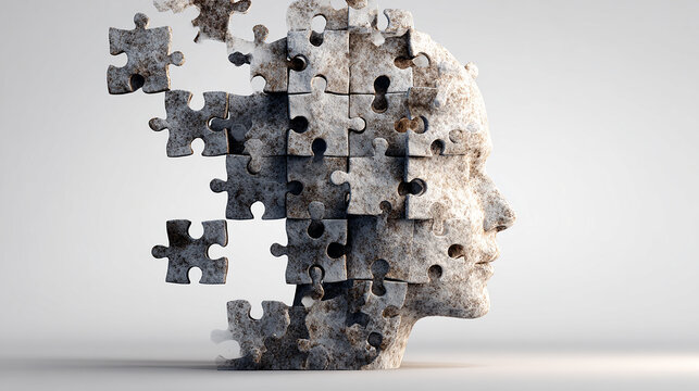Ai generated image of a stone puzzle forming a human head, symbolizing fragmented thoughts and memory loss