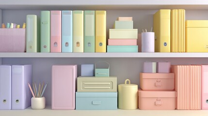 Colorful pastel office supplies on shelves with organizers and folders