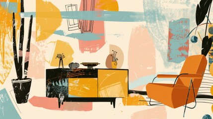 Modern interior design with abstract art and mid-century furniture in warm color palette on textured background