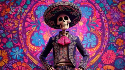 Obraz premium Colorful day of the dead skeleton in traditional mexican attire with floral background