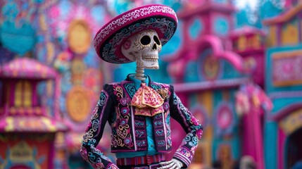 Colorful day of the dead skeleton in traditional mexican attire with vibrant background