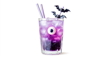 A photograph depicts a glass filled with a purple-colored beverage, adorned with bat-shaped straws and a plastic eyeball, set against a white background, evoking a Halloween-inspired aesthetic