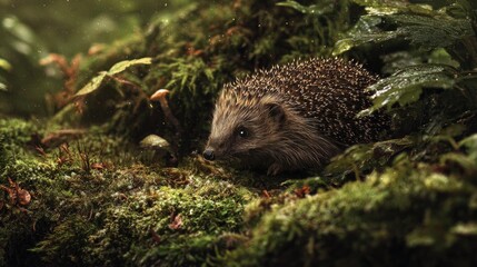 Naklejka premium Hedgehog in lush green forest underbrush with dewy moss and leaves