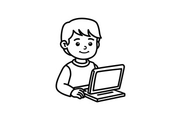 Cute Boy Using Laptop Computer Outline Style Black and White Vector Illustration silhouette