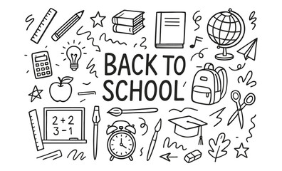 Back to school linear doodle art with educational icons and supplies