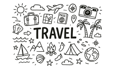 Hand-drawn travel doodles with vacation symbols and adventure icons