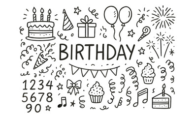 Birthday celebration elements in hand drawn doodle style