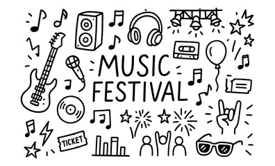 Hand drawn music festival elements with musical instruments and icons