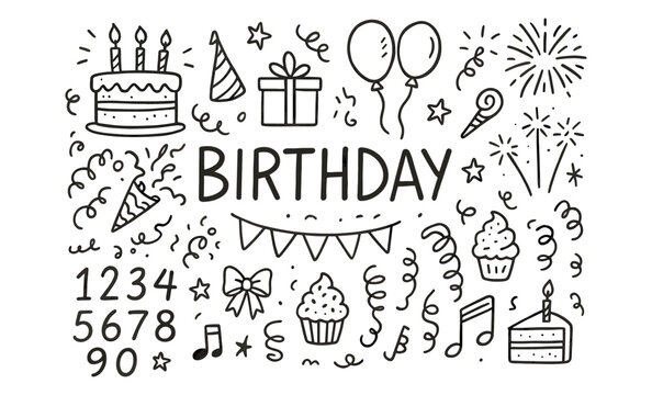 Birthday celebration elements in hand drawn doodle style
