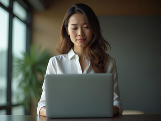 Jeune professionnelle concentrée travaillant sur ordinateur dans