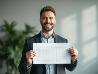Jeune professionnel souriant présentant un planning dans un bureau moderne

