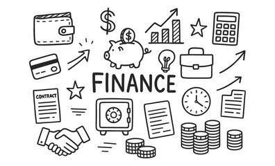 Hand-drawn finance icons set featuring money, wallet, and business elements